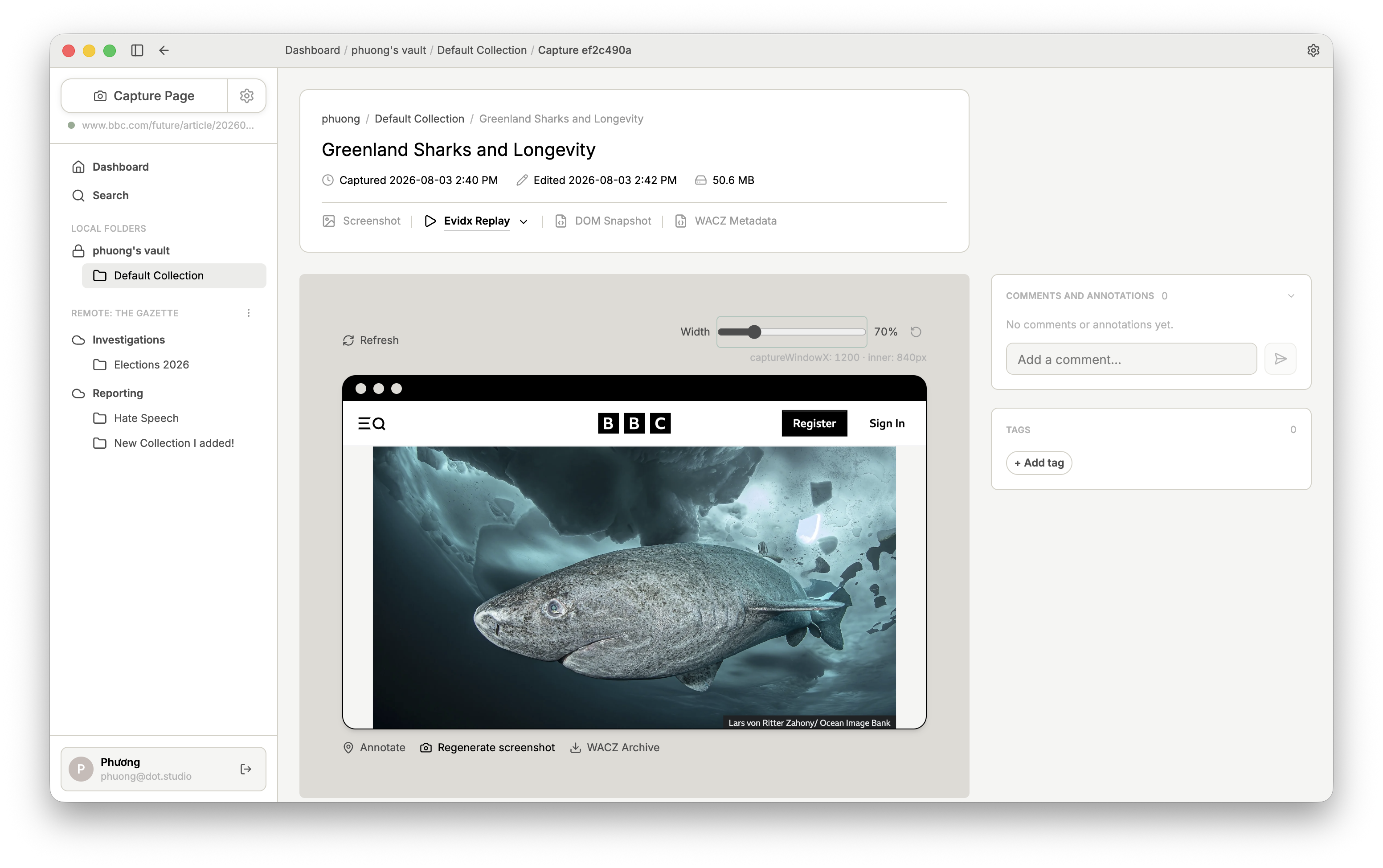 Selecting a section of the archived page to regenerate as the Quick View