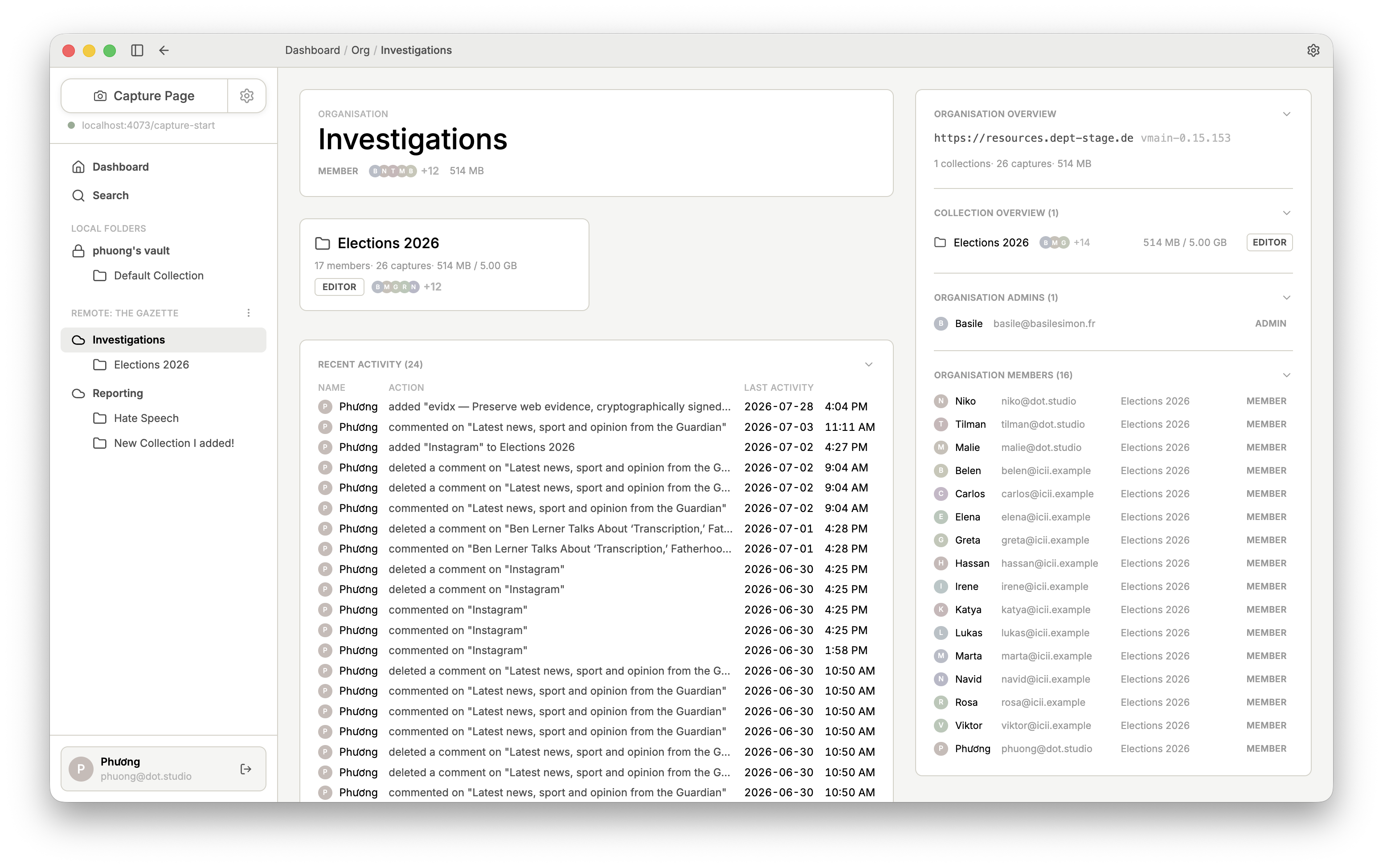 An organization Overview, listing accessible Collections and recent activity